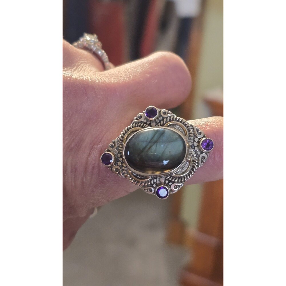 VINTAGE WOMAN'S/UNISEX SIZE:9.5 STERLING SILVER 925 LABRADORITE & AMETHYST RING